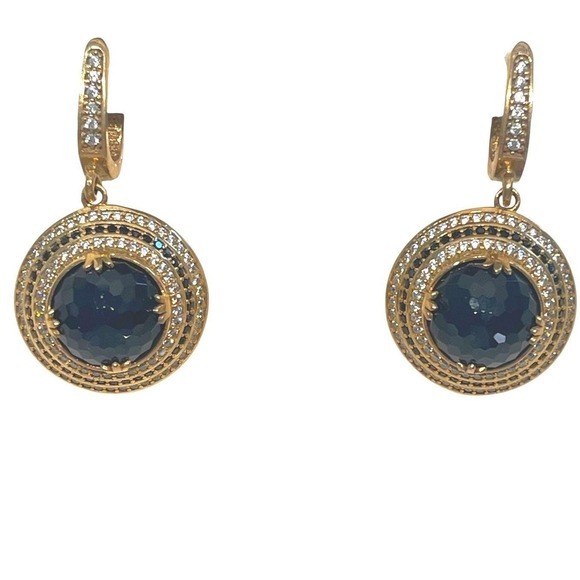 Misa Los Angeles Jewelry - MISA 925‎ Vermeil Black Onyx & CZ Halo Drop Earrings, Pavé Huggie, Signed